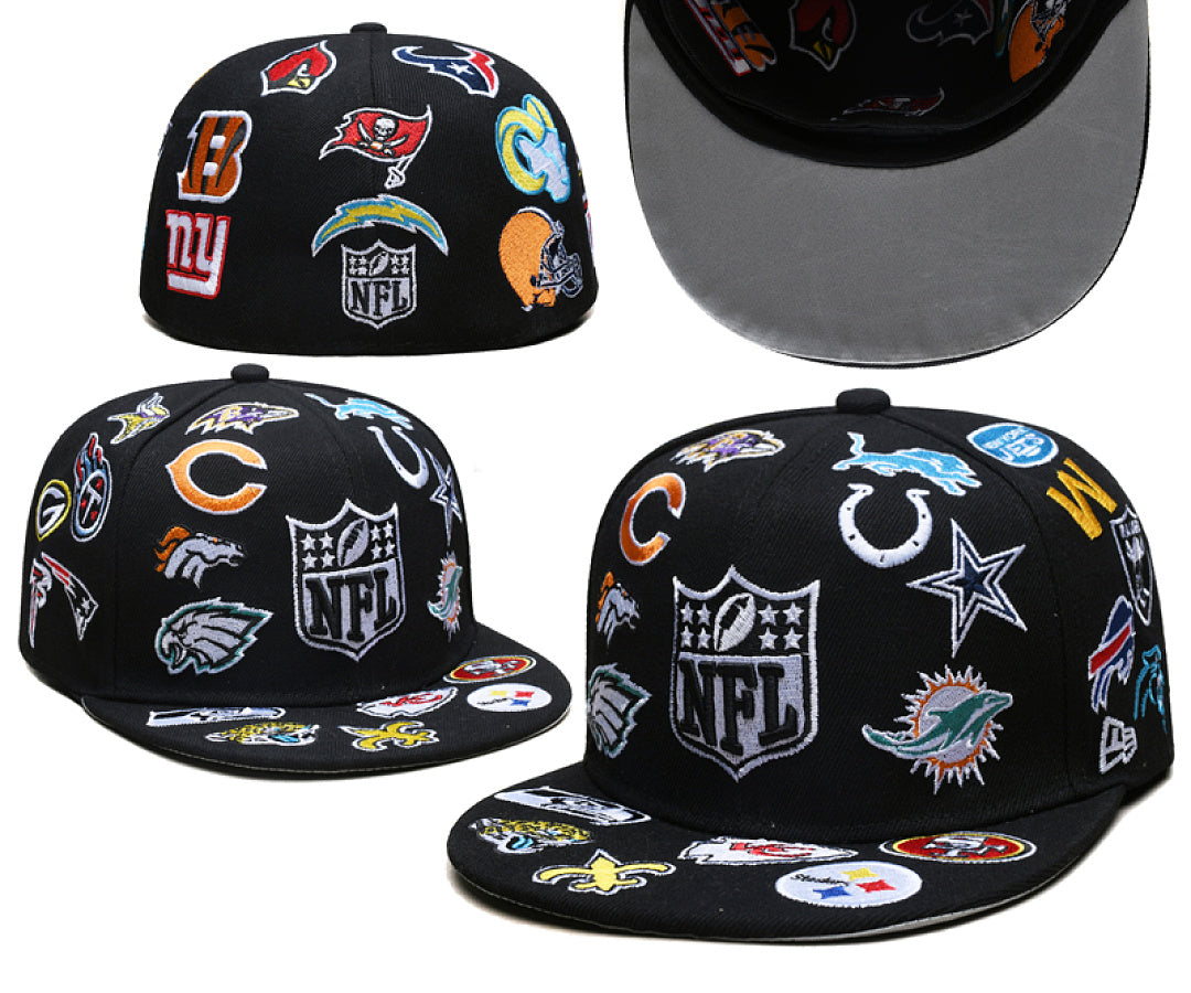 Multi Team Logo All Over Embroidered Flat Bill Fitted Streetwear Baseball Cap
