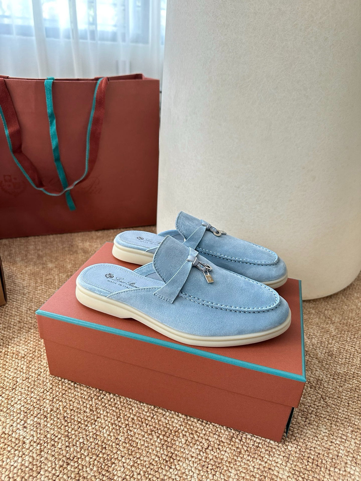 Women Loro Piana Summer Charms Walk Suede Mules - Light Blue