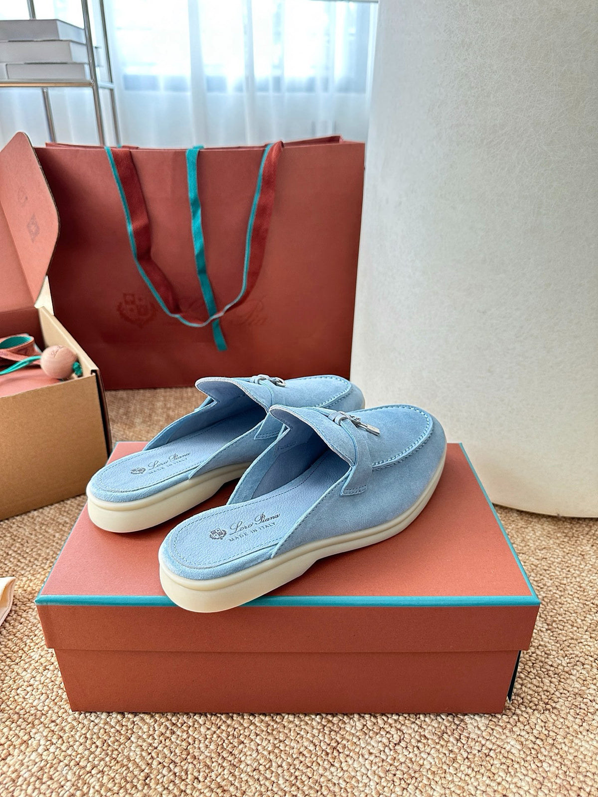 Women Loro Piana Summer Charms Walk Suede Mules - Light Blue