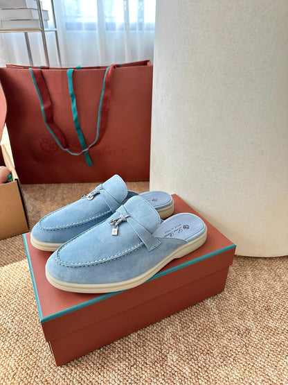 Women Loro Piana Summer Charms Walk Suede Mules - Light Blue