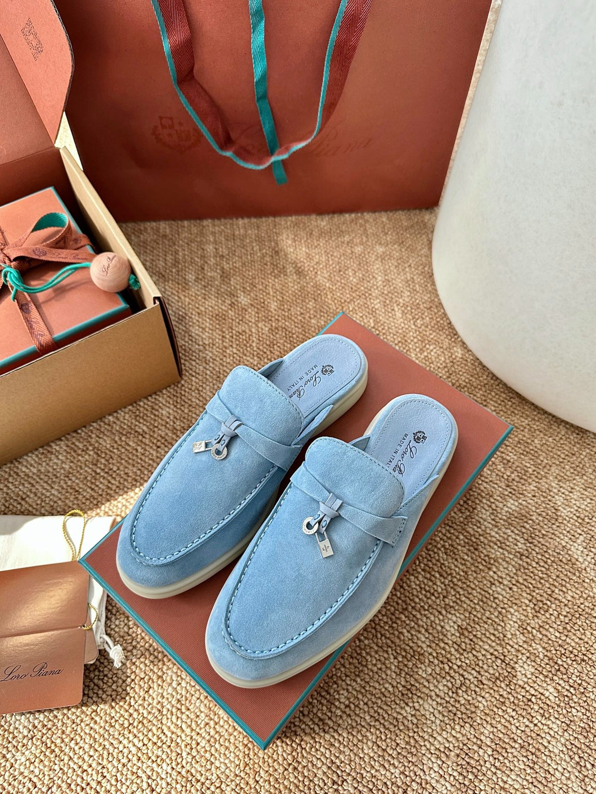 Women Loro Piana Summer Charms Walk Suede Mules - Light Blue