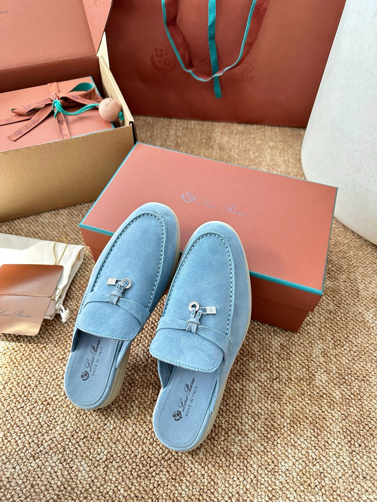Women Loro Piana Summer Charms Walk Suede Mules - Light Blue