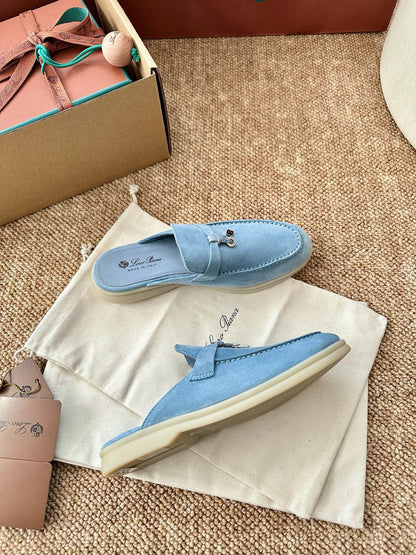 Women Loro Piana Summer Charms Walk Suede Mules - Light Blue