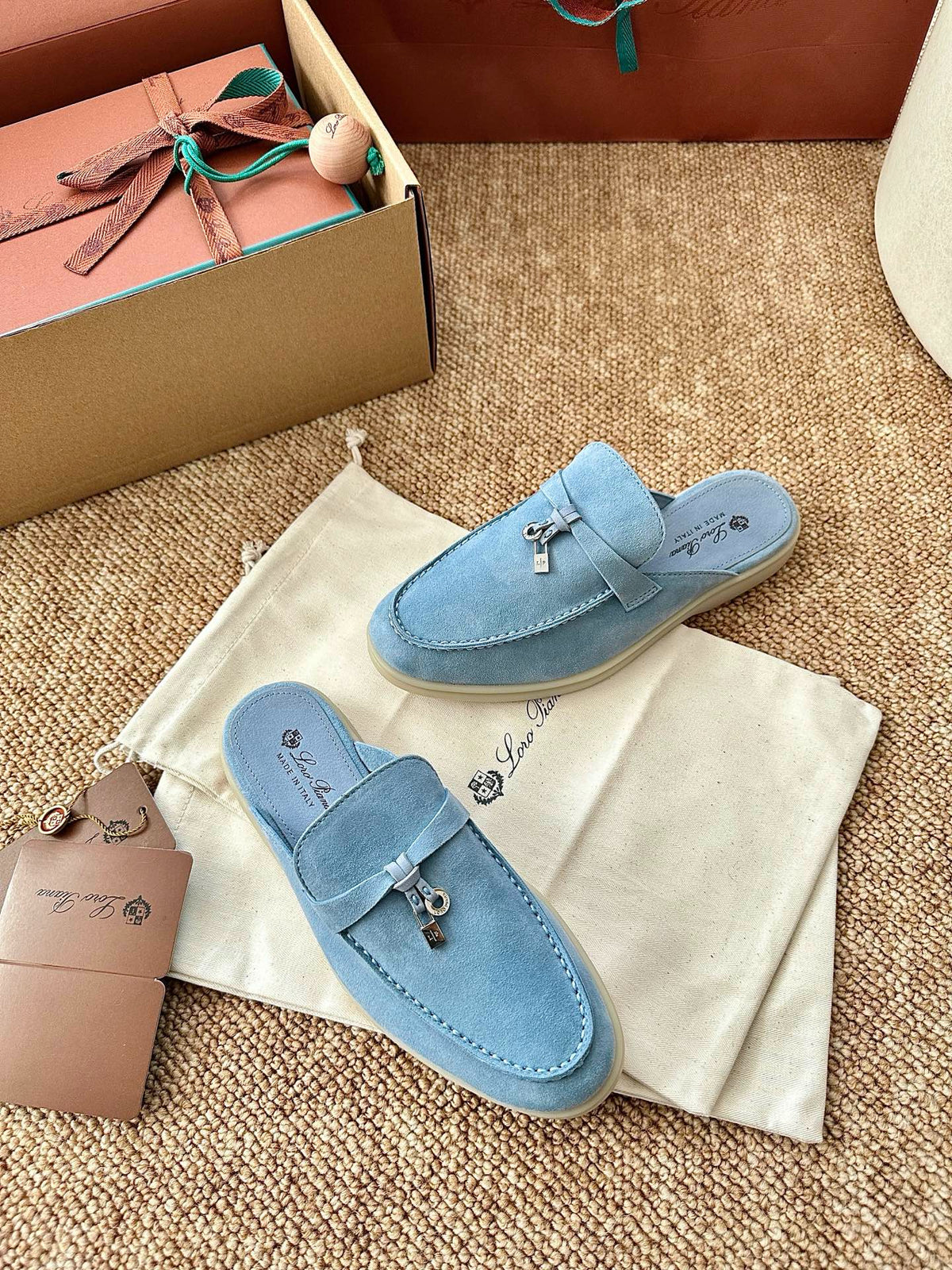 Women Loro Piana Summer Charms Walk Suede Mules - Light Blue