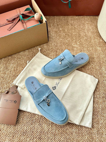 Women Loro Piana Summer Charms Walk Suede Mules - Light Blue