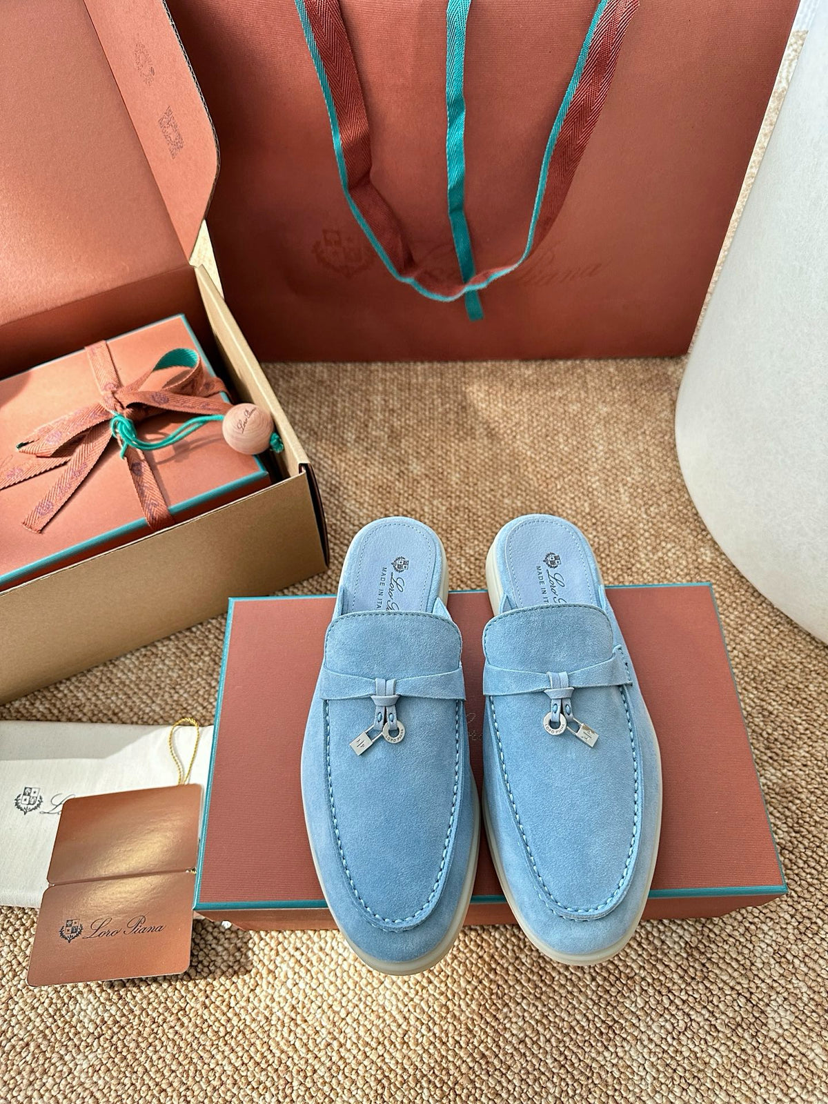 Women Loro Piana Summer Charms Walk Suede Mules - Light Blue