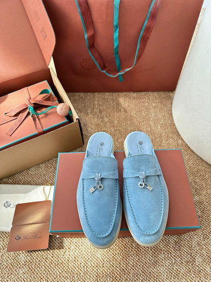 Women Loro Piana Summer Charms Walk Suede Mules - Light Blue