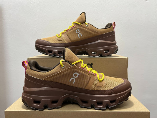 On Cloudrock Low Waterproof Hiking Shoes in Brown with Yellow and Pink Accents (Special Edition)