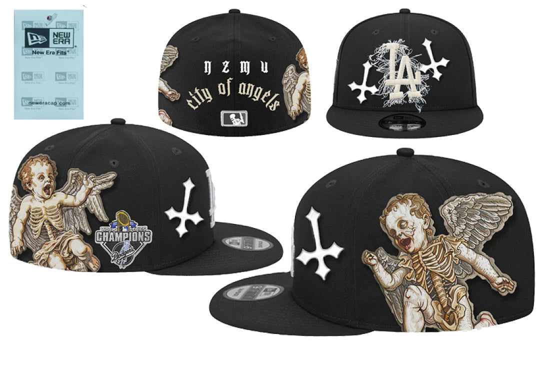 New Era Closed Back Fitted Baseball Cap, Multi Vintage Team Patch Embroidery Flat Bill Hip Hop Hat for Men Women