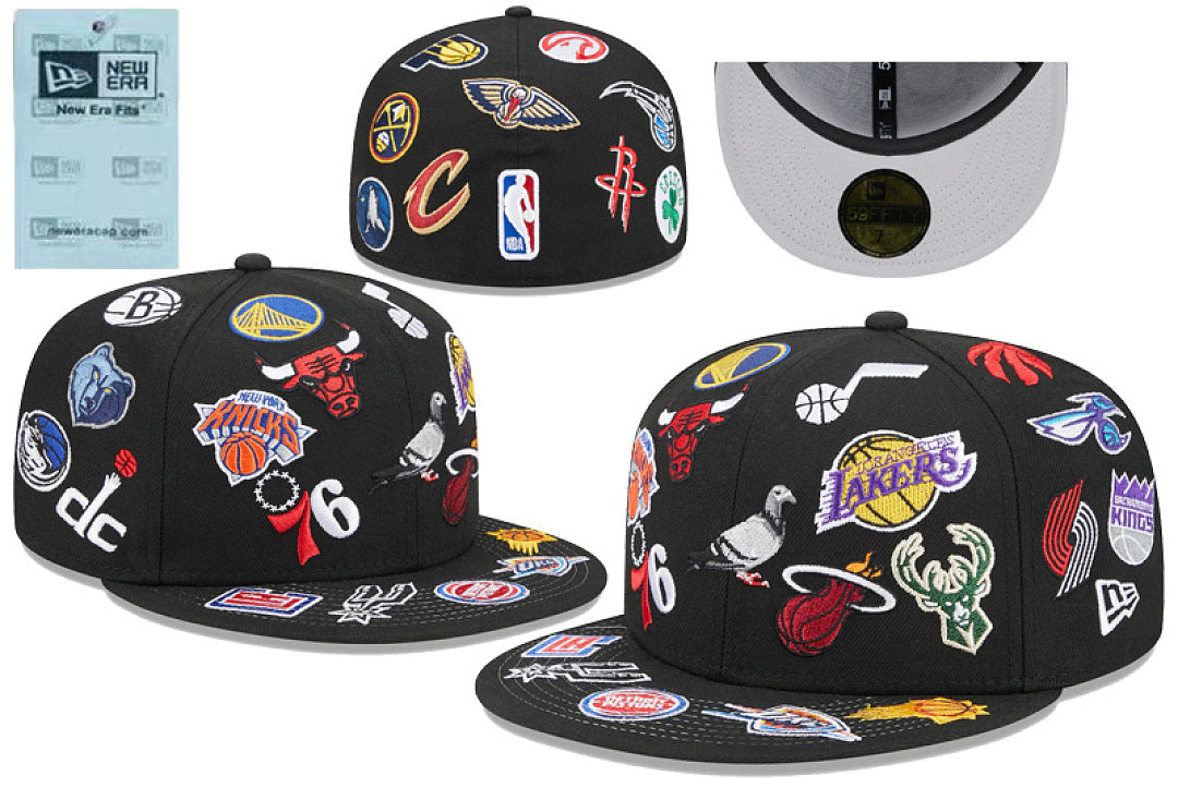 New Era Closed Back Fitted Baseball Cap, Multi Vintage Team Patch Embroidery Flat Bill Hip Hop Hat for Men Women