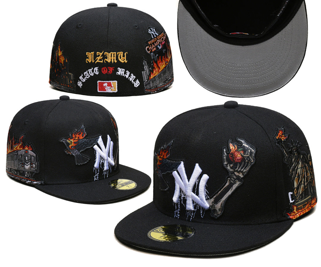 New Era Closed Back Fitted Baseball Cap, Multi Vintage Team Patch Embroidery Flat Bill Hip Hop Hat for Men Women
