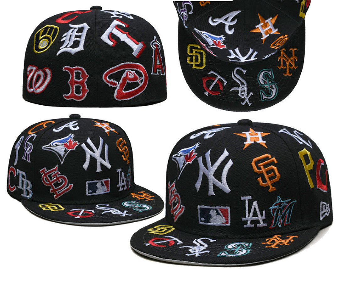 Unisex Closed Fitted Flat Bill Baseball Cap, Patchwork Printed Embroidered Full Crown Streetwear Hat, Non-Adjustable Sports Cap with Multiple Styles & Sizes