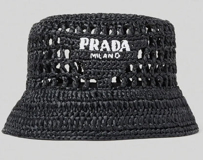 Prada Raffia Woven Black Bucket Hat