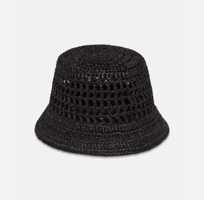Prada Raffia Woven Black Bucket Hat