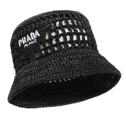 Prada Raffia Woven Black Bucket Hat