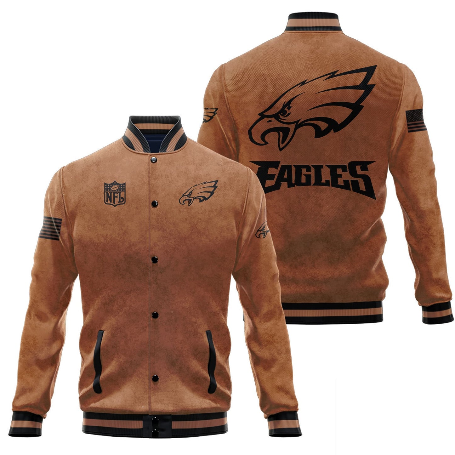 Philadelphia Eagles 2023 Salute To Service Club Baseball Jacket Varsity Jacket - Brown - All-Over-Printed Jacket