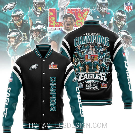 2X Super Bowl LIX Champions Philadelphia Eagles Baseball Jacket Varsity Jacket - Midnight Green/Black - All-Over-Printed Jacket