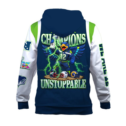 Seattle Seahawks 2025 Super Bowl Champions Unstoppable 3D Zip Hoodie