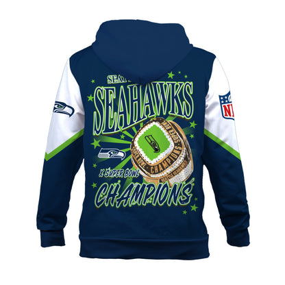 NFL Seattle Seahawks X Super Bowl Champions Gold Ring 3D Zip Hoodie