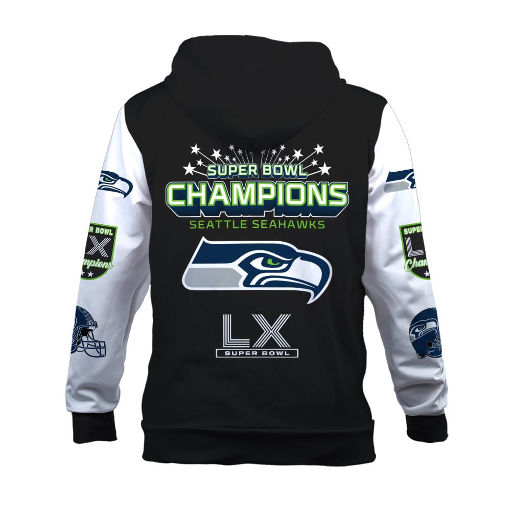 Seattle Seahawks Super Bowl LX Champions Wordmark 3D Zip Hoodie
