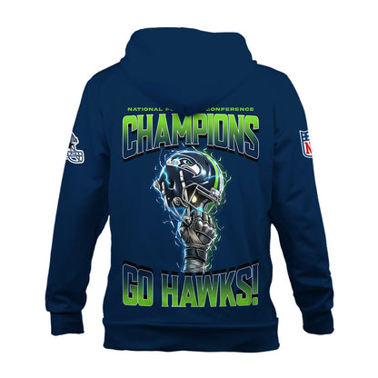 Seattle Seahawks NFC Champions 2025 – Fiery Lightning Zip Hoodie