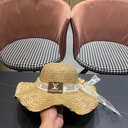 LV French-style Floral Lace Ribbon Hat Camel in Straw 207010