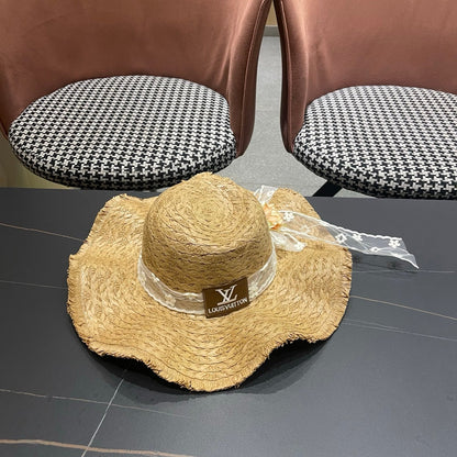 LV French-style Floral Lace Ribbon Hat Camel in Straw 207010