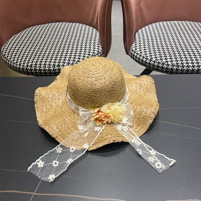 LV French-style Floral Lace Ribbon Hat Camel in Straw 207010