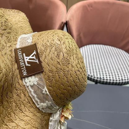 LV French-style Floral Lace Ribbon Hat Camel in Straw 207010