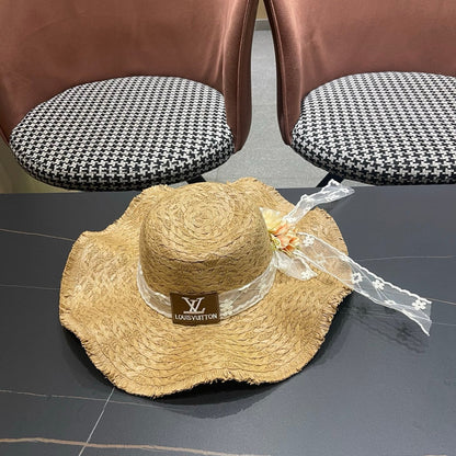 LV French-style Floral Lace Ribbon Hat Camel in Straw 207010