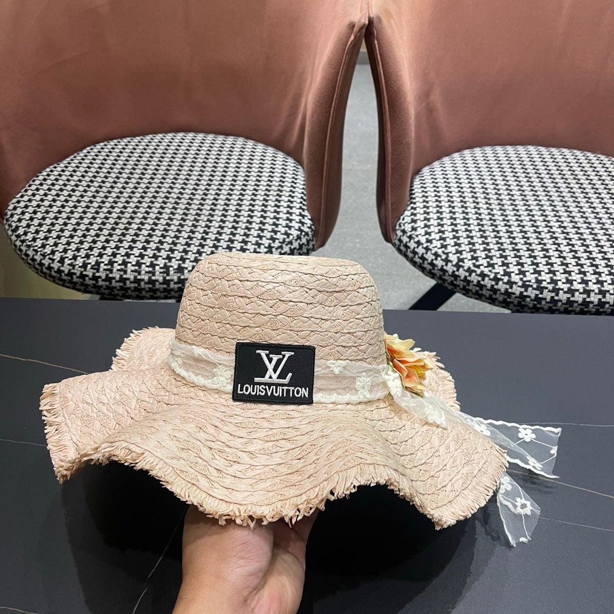 LV French-style Floral Lace Ribbon Hat Light Pink in Straw 207009