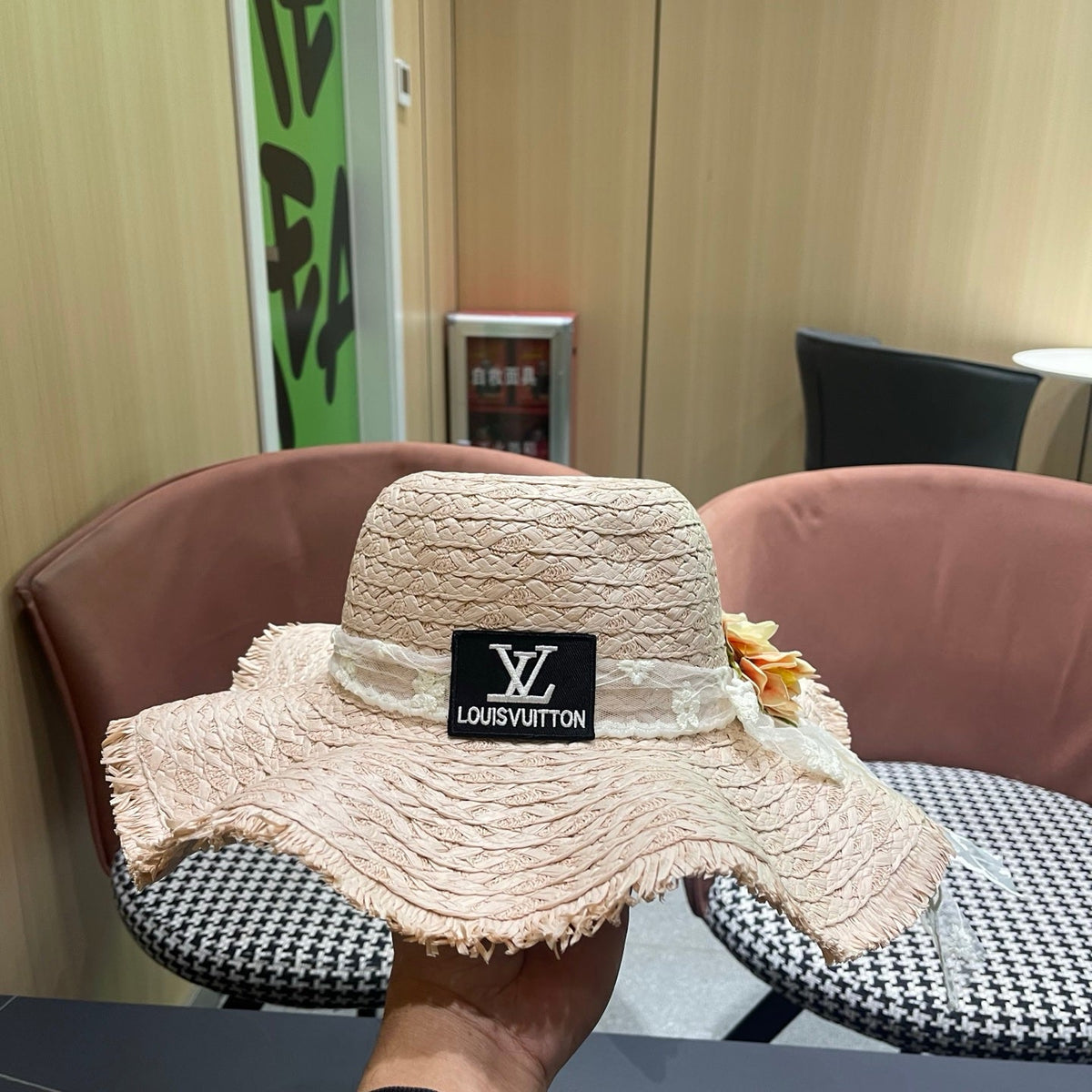 LV French-style Floral Lace Ribbon Hat Light Pink in Straw 207009
