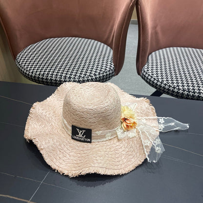 LV French-style Floral Lace Ribbon Hat Light Pink in Straw 207009