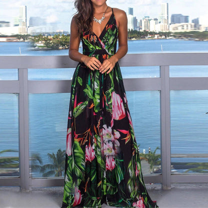 Black Boho Floral Maxi Dress Cocktail Party Evening Summer Beach Sundress Gift for Women Maxi Flowers Dress Beach Summer Dress  Party Dress