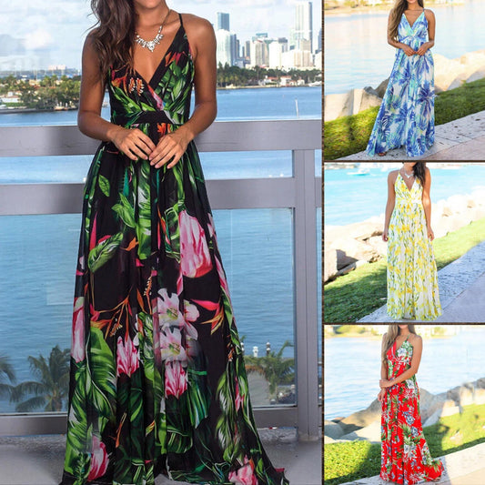 Black Boho Floral Maxi Dress Cocktail Party Evening Summer Beach Sundress Gift for Women Maxi Flowers Dress Beach Summer Dress  Party Dress