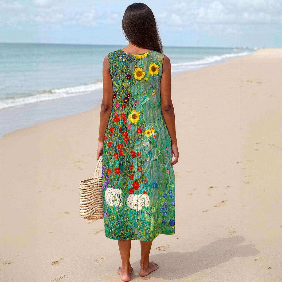 Gustav Klimt Sunflower Dress: Slub Cotton A-Line Sleeveless Art Dress