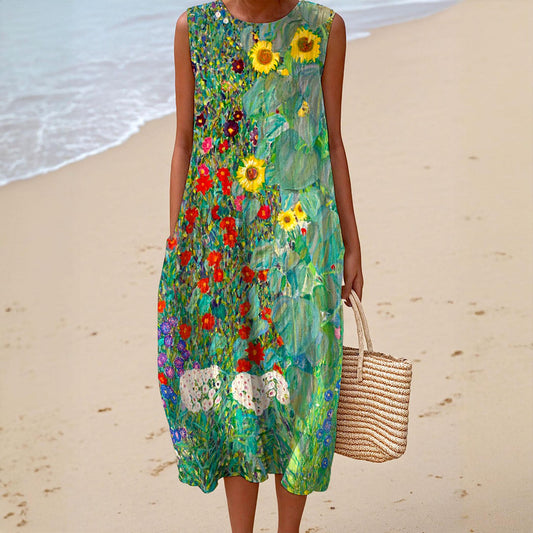 Gustav Klimt Sunflower Dress: Slub Cotton A-Line Sleeveless Art Dress