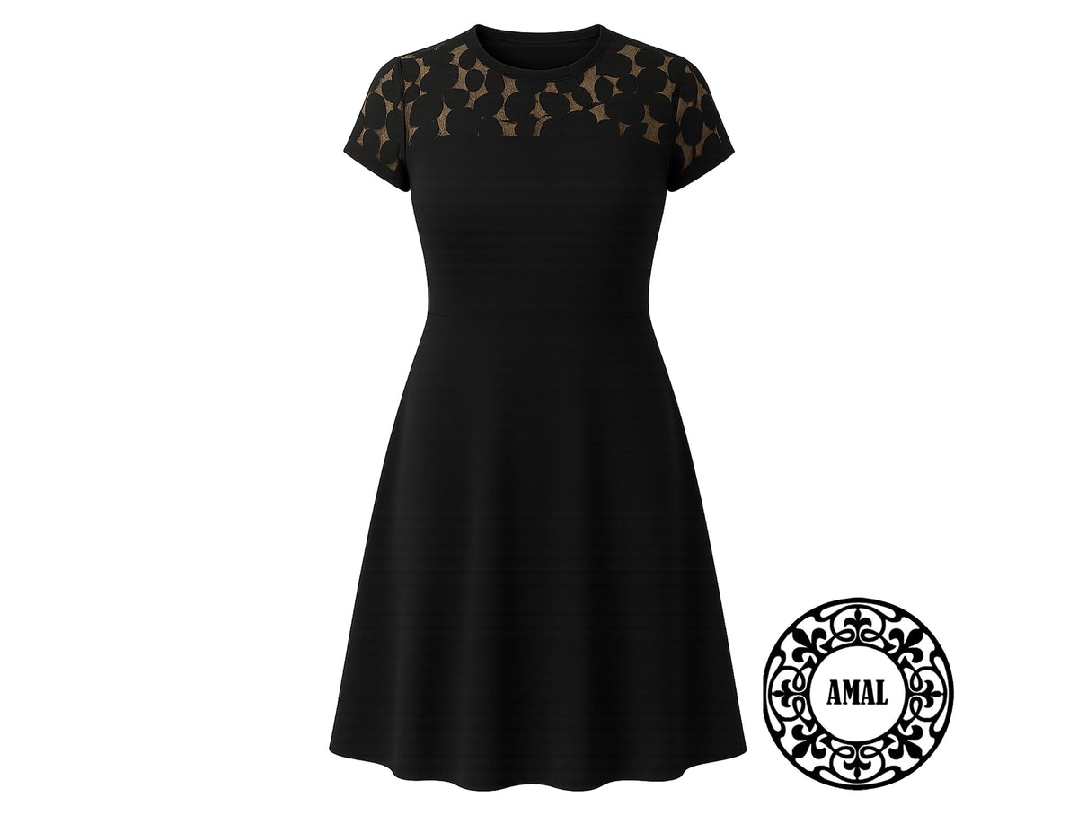Amal.  Elegant Black Knee-Length Dress with Lace Top, Classic Evening A-Line Dress, Model 134, USA
