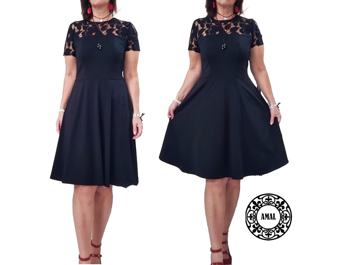 Amal.  Elegant Black Knee-Length Dress with Lace Top, Classic Evening A-Line Dress, Model 134, USA