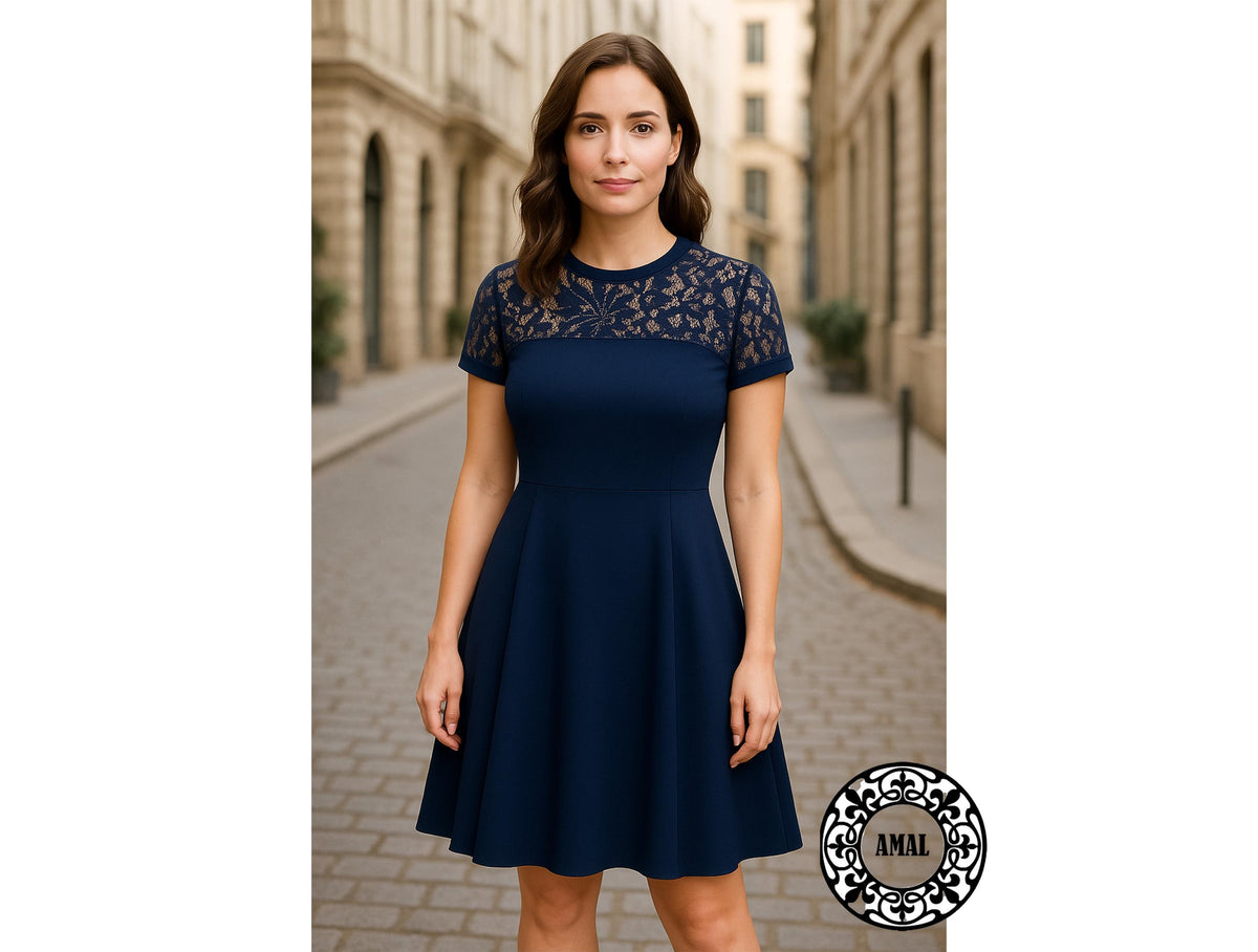Amal.  Elegant Black Knee-Length Dress with Lace Top, Classic Evening A-Line Dress, Model 134, USA