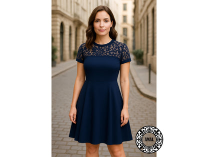 Amal.  Elegant Black Knee-Length Dress with Lace Top, Classic Evening A-Line Dress, Model 134, USA