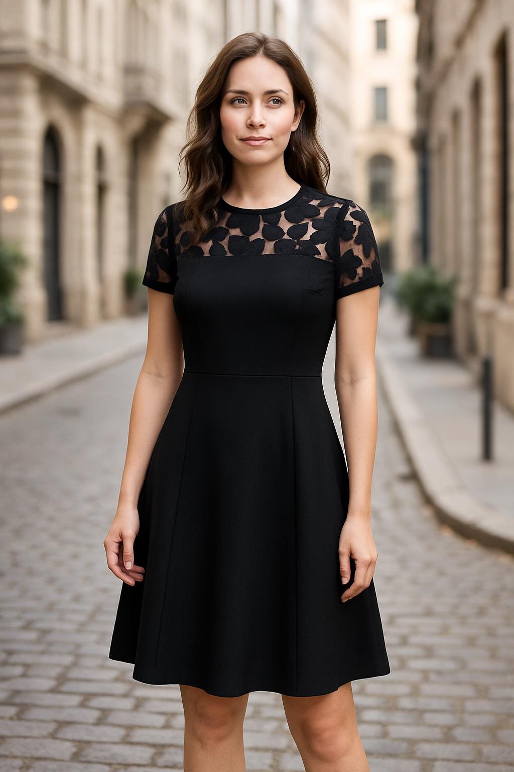 Amal.  Elegant Black Knee-Length Dress with Lace Top, Classic Evening A-Line Dress, Model 134, USA