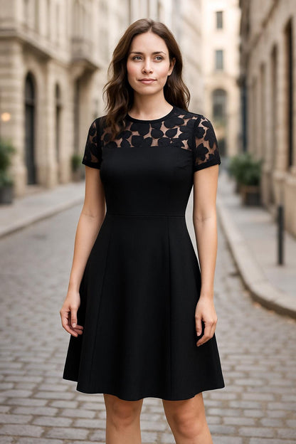 Amal.  Elegant Black Knee-Length Dress with Lace Top, Classic Evening A-Line Dress, Model 134, USA
