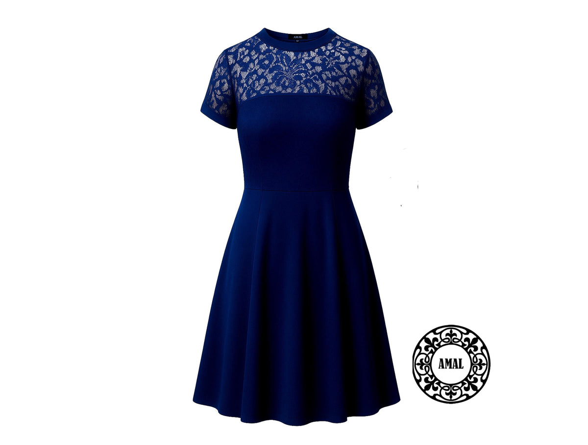 Amal.  Elegant Black Knee-Length Dress with Lace Top, Classic Evening A-Line Dress, Model 134, USA