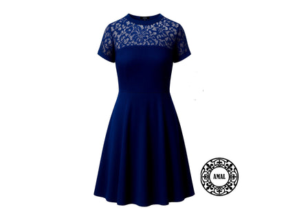 Amal.  Elegant Black Knee-Length Dress with Lace Top, Classic Evening A-Line Dress, Model 134, USA