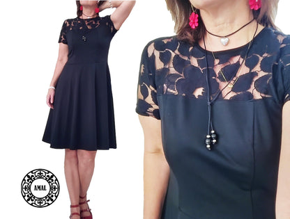 Amal.  Elegant Black Knee-Length Dress with Lace Top, Classic Evening A-Line Dress, Model 134, USA