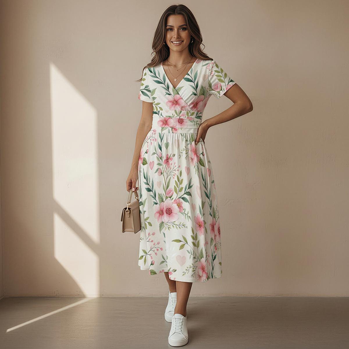 Floral Midi Dress – Elegant V Neck Summer Dress