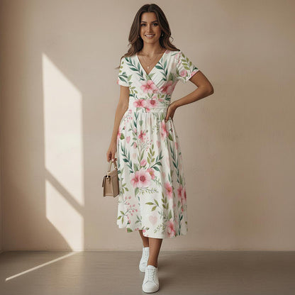 Floral Midi Dress – Elegant V Neck Summer Dress