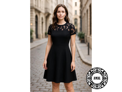 Amal.  Elegant Black Knee-Length Dress with Lace Top, Classic Evening A-Line Dress, Model 134, USA
