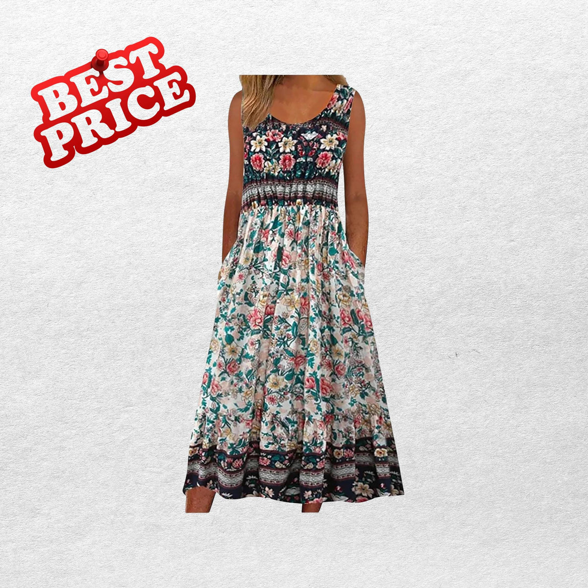 Bohemian Floral Midi Sundress With Pockets Loose Flowing Casual Beach Summer Dress for Women